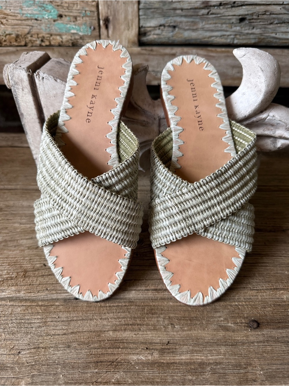 Jenni Kayne Women’s Woven Raffia and Leather Neutral Cross-Band Slide Sz 36